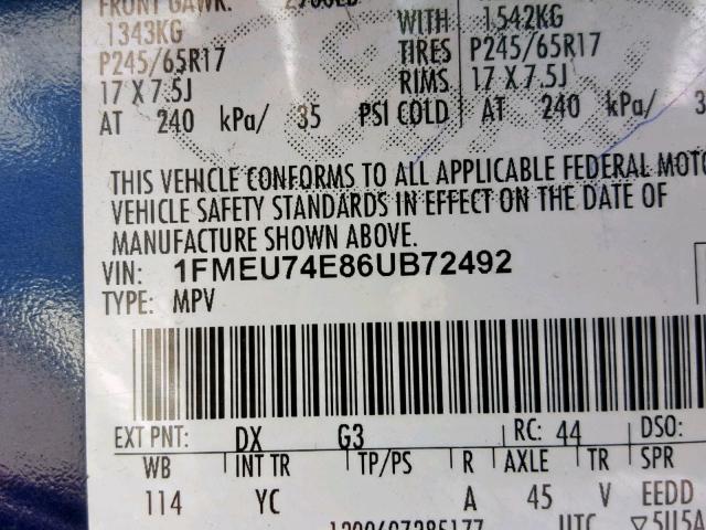 1FMEU74E86UB72492 - 2006 FORD EXPLORER E BLUE photo 10