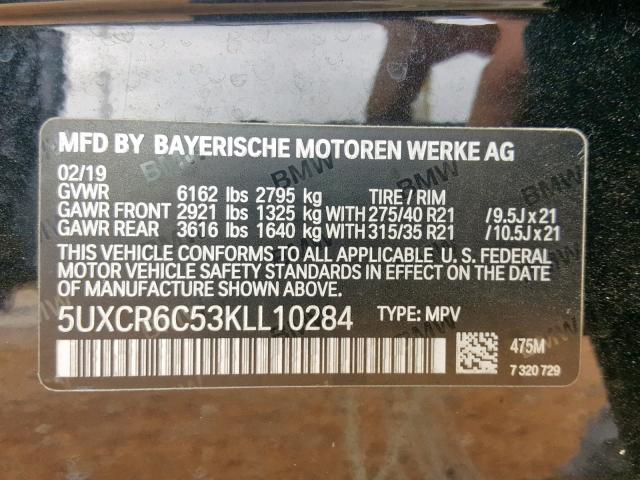 5UXCR6C53KLL10284 - 2019 BMW X5 XDRIVE4 BLACK photo 10