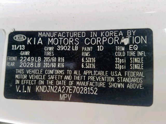 KNDJN2A27E7028152 - 2014 KIA SOUL WHITE photo 10