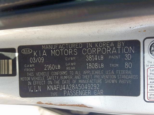 KNAFU4A28A5049292 - 2010 KIA FORTE EX SILVER photo 10