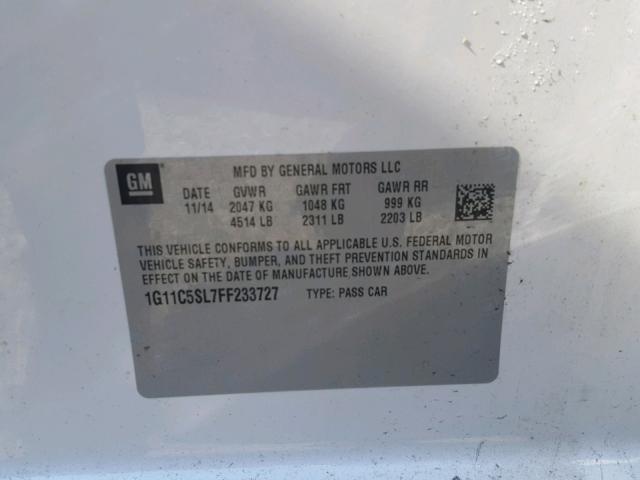 1G11C5SL7FF233727 - 2015 CHEVROLET MALIBU 1LT თეთრი ფოტო 10