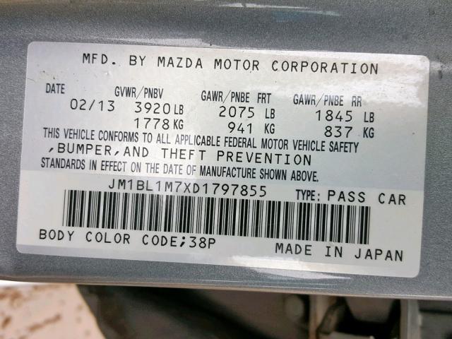 JM1BL1M7XD1797855 - 2013 MAZDA 3 I GRAY photo 10