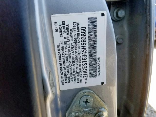 2HGES16345H560860 - 2005 HONDA CIVIC DX V SILVER photo 10