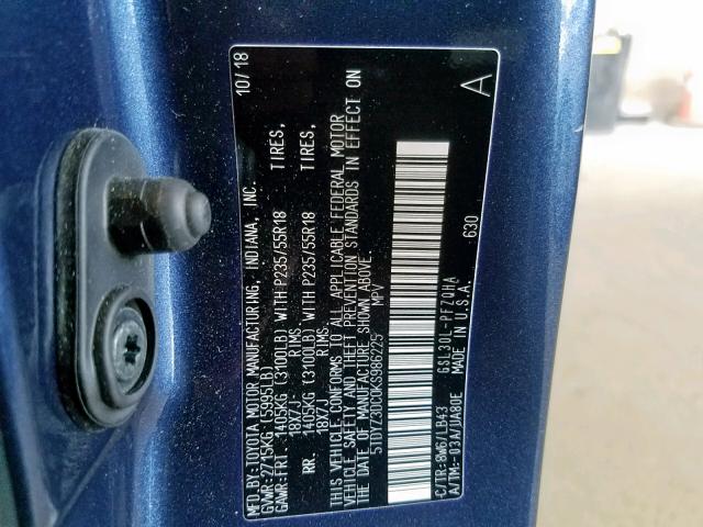 5TDYZ3DC0KS986225 - 2019 TOYOTA SIENNA LIM BLUE photo 10