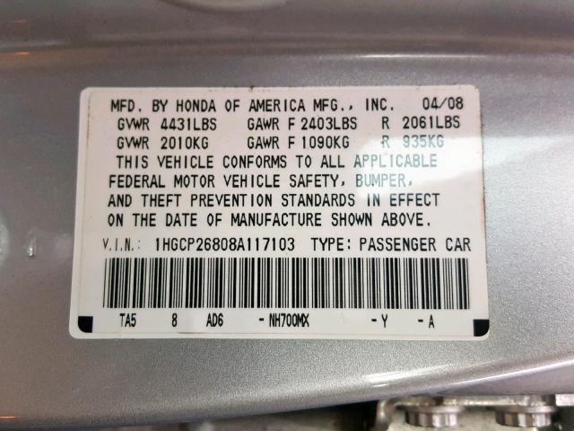 1HGCP26808A117103 - 2008 HONDA ACCORD EXL SILVER photo 10