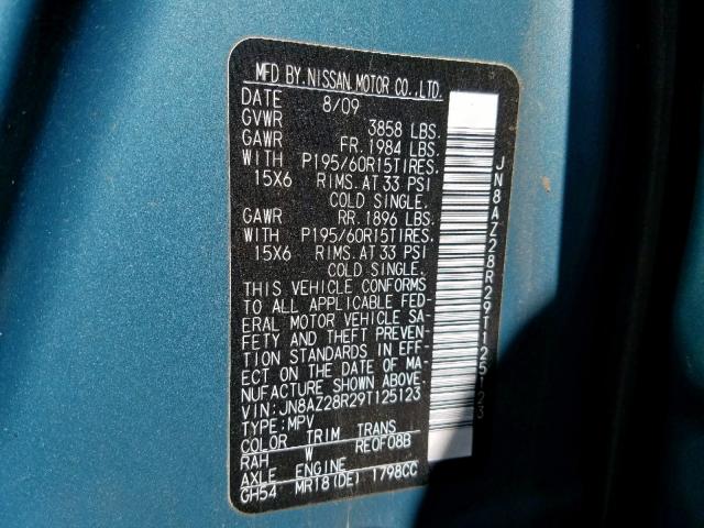 JN8AZ28R29T125123 - 2009 NISSAN CUBE BASE BLUE photo 10