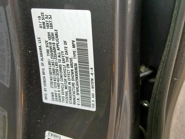 5FNRL6H29KB069636 - 2019 HONDA ODYSSEY LX GRAY photo 10