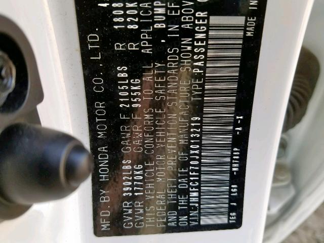 JHMFC1F70JX013219 - 2018 HONDA CIVIC EXL Ağ foto 10