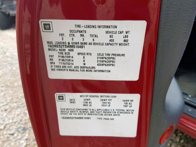 1G2NE52T5WM510491 - 1998 PONTIAC GRAND AM S RED photo 10