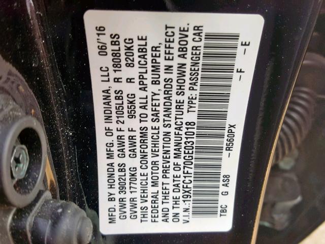 19XFC1F70GE031018 - 2016 HONDA CIVIC EXL 黑色 照片 10