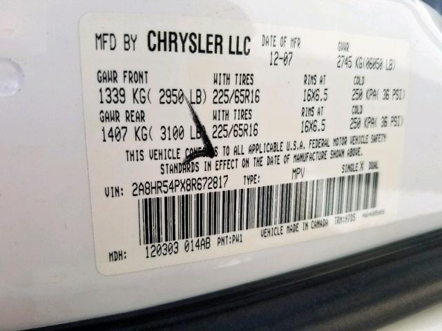 2A8HR54PX8R672817 - 2008 CHRYSLER TOWN & COU WHITE photo 10