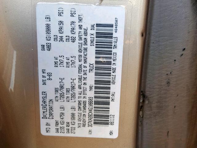 3D7KA28CX4G108603 - 2004 DODGE RAM 2500 S Այրված լուսանկար 10