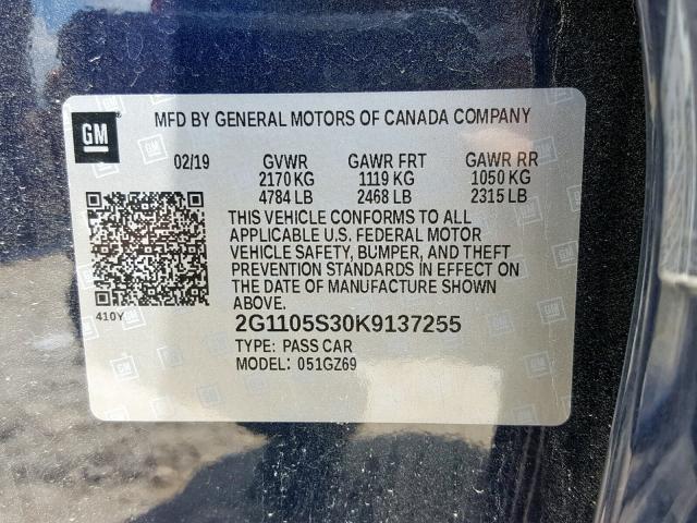 2G1105S30K9137255 - 2019 CHEVROLET IMPALA PRE BLUE photo 10