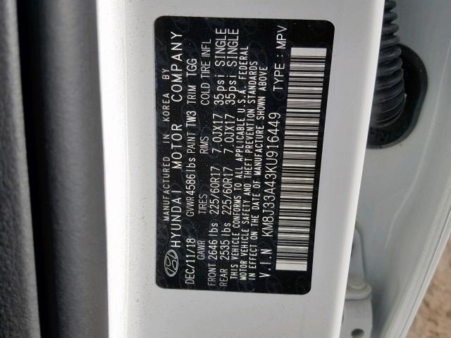 KM8J33A43KU916449 - 2019 HYUNDAI TUCSON LIM WHITE photo 10