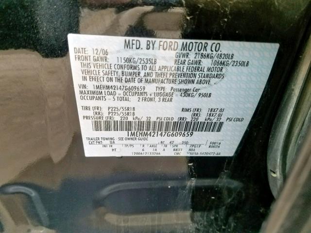 1MEHM42147G609659 - 2007 MERCURY MONTEGO PR 黑色 照片 10
