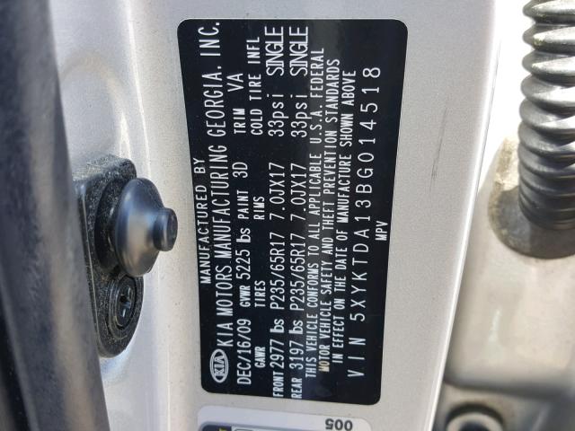 5XYKTDA13BG014518 - 2011 KIA SORENTO BA SILVER photo 10