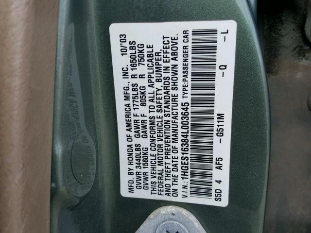 1HGES16384L003645 - 2004 HONDA CIVIC DX V GREEN photo 10