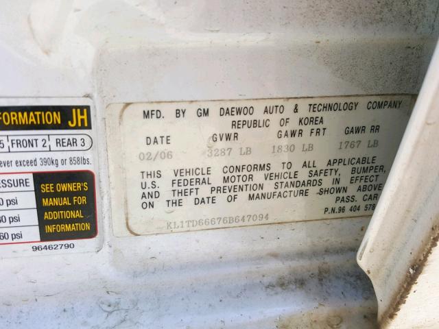 KL1TD66676B647094 - 2006 CHEVROLET AVEO BASE თეთრი ფოტო 10