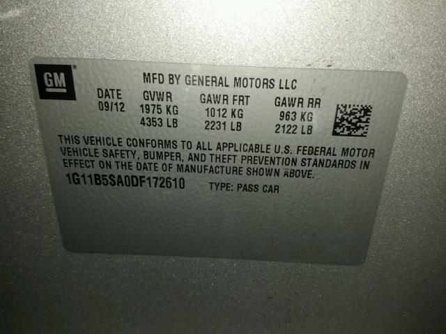 1G11B5SA0DF172610 - 2013 CHEVROLET MALIBU LS 银色 照片 10