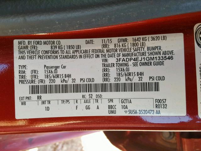 3FADP4EJ1GM133546 - 2016 FORD FIESTA SE RED photo 10