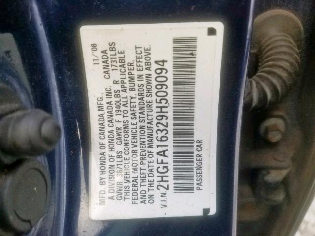 2HGFA16329H509094 - 2009 HONDA CIVIC VP BLUE photo 10