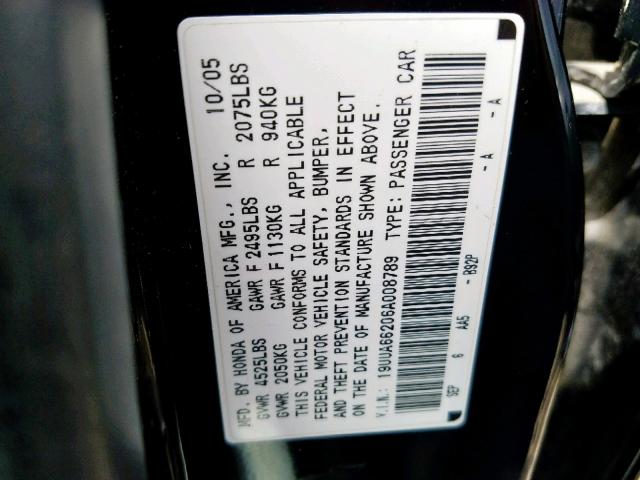 19UUA66206A008789 - 2006 ACURA 3.2TL BLACK photo 10