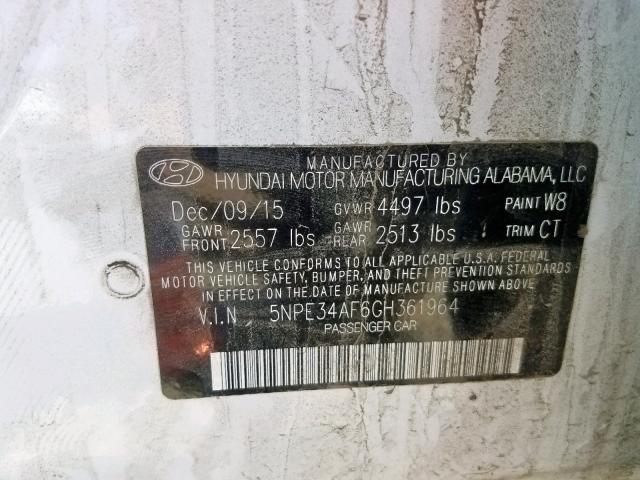 5NPE34AF6GH361964 - 2016 HYUNDAI SONATA SPO WHITE photo 10