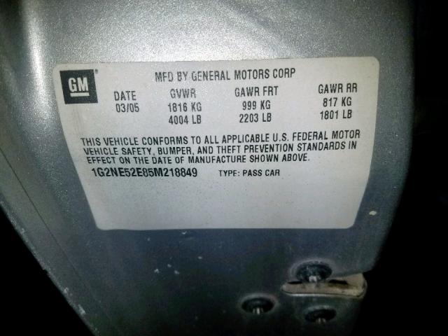 1G2NE52E85M218849 - 2005 PONTIAC GRAND AM S SILVER photo 10