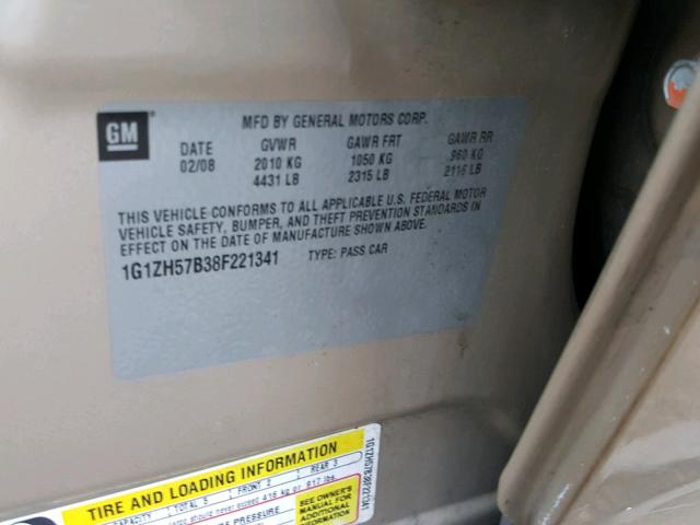 1G1ZH57B38F221341 - 2008 CHEVROLET MALIBU 1LT 金色 照片 10