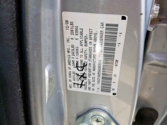 1HGCP26859A083614 - 2009 HONDA ACCORD EXL SILVER photo 10