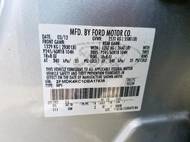 2FMDK4KC1DBA17836 - 2013 FORD EDGE LIMIT SILVER photo 10