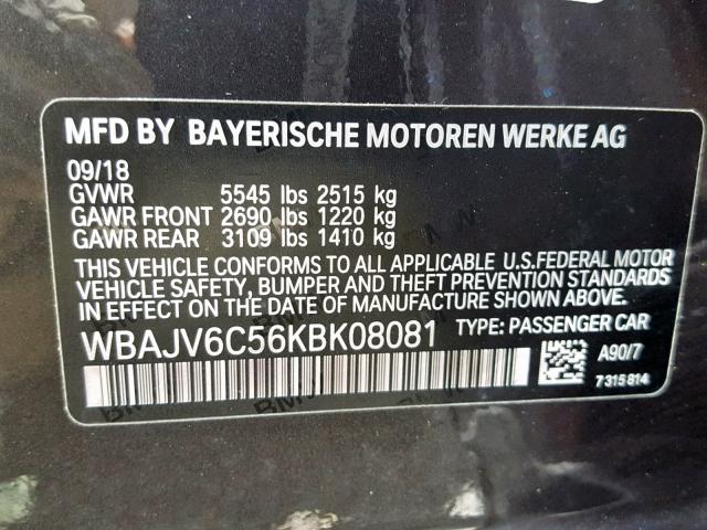 WBAJV6C56KBK08081 - 2019 BMW 640 XIGT GRAY photo 10