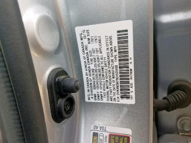 2HKRM3H79GH535498 - 2016 HONDA CR-V EXL SILVER photo 10