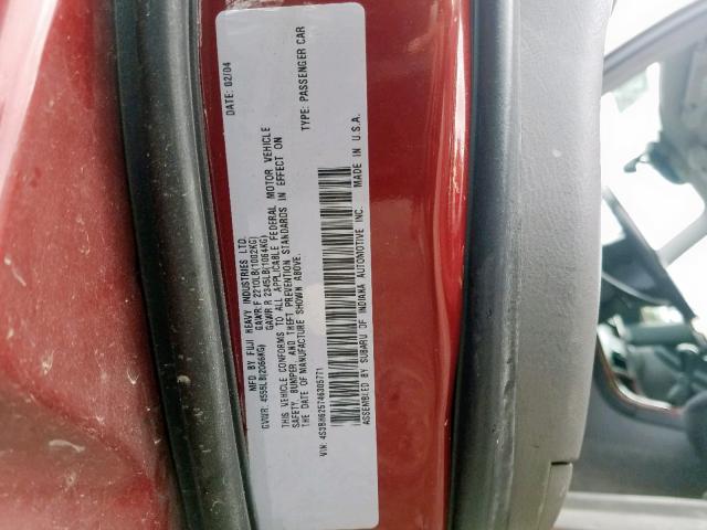 4S3BH625746305771 - 2004 SUBARU LEGACY L S RED photo 10