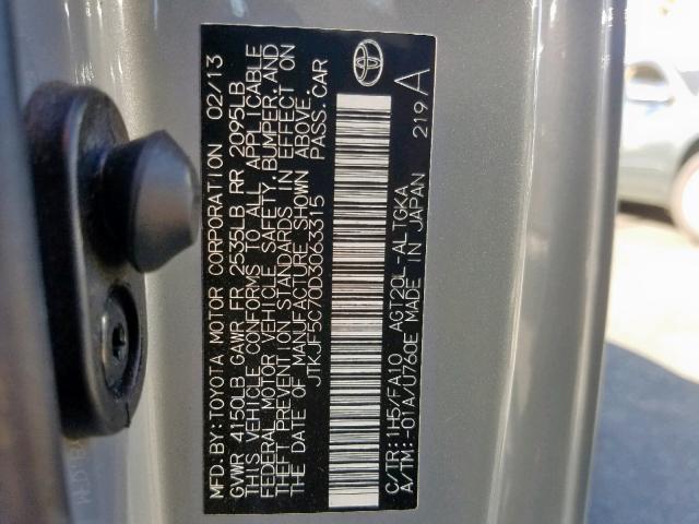 JTKJF5C70D3063315 - 2013 TOYOTA SCION TC ნაცრისფერი ფოტო 10