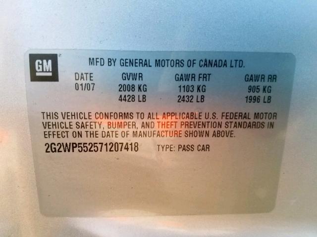 2G2WP552571207418 - 2007 PONTIAC GRAND PRIX SILVER photo 10
