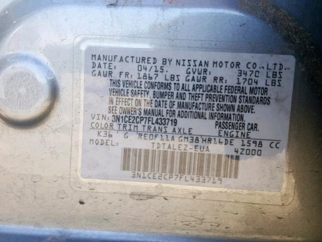 3N1CE2CP7FL433719 - 2015 NISSAN VERSA NOTE GRAY photo 10