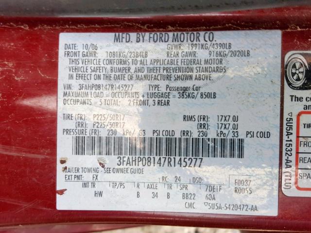 3FAHP08147R145277 - 2007 FORD FUSION SEL RED photo 10