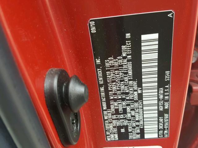 4T3BA3BB0AU018341 - 2010 TOYOTA VENZA BASE RED photo 10