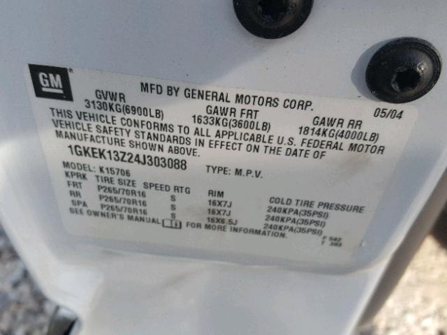 1GKEK13Z24J303088 - 2004 GMC YUKON WHITE photo 10