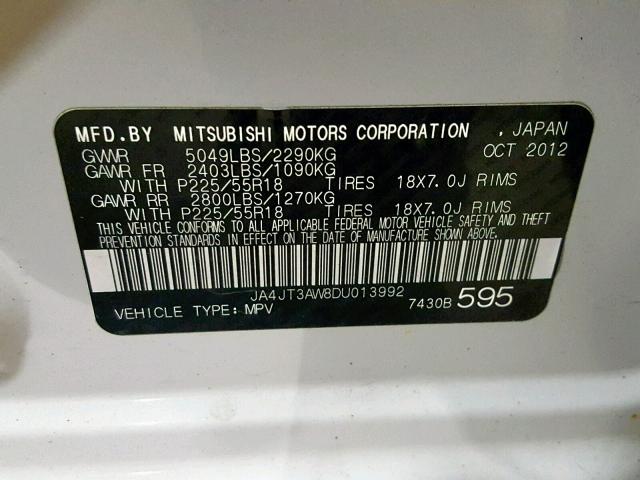 JA4JT3AW8DU013992 - 2013 MITSUBISHI OUTLANDER WHITE photo 10