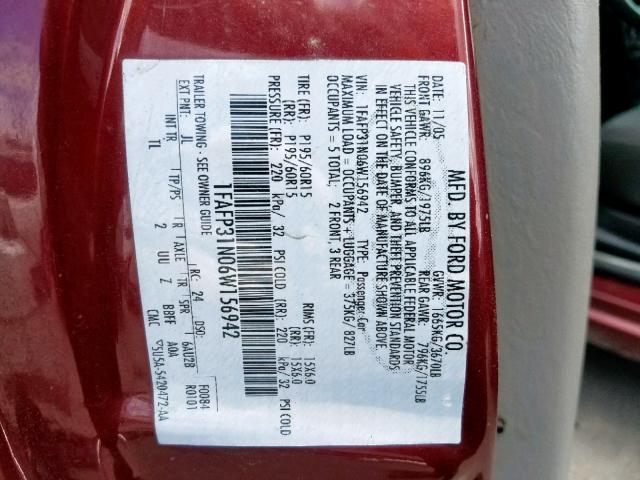 1FAFP31N06W156942 - 2006 FORD FOCUS ZX3 RED photo 10