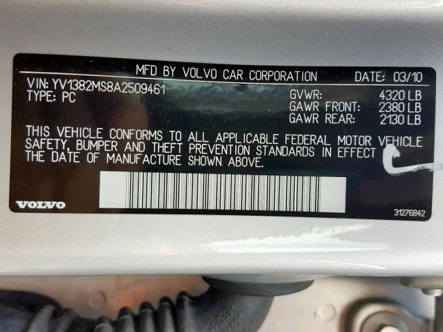 YV1382MS8A2509461 - 2010 VOLVO S40 2.4I SILVER photo 10