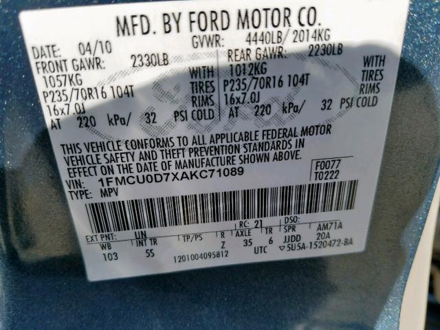 1FMCU0D7XAKC71089 - 2010 FORD ESCAPE XLT BLUE photo 10