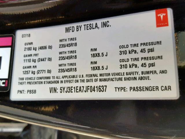 5YJ3E1EA7JF041637 - 2018 TESLA MODEL 3 BLACK photo 10