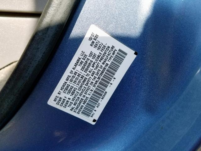 5FNRL38728B006168 - 2008 HONDA ODYSSEY EX BLUE photo 10