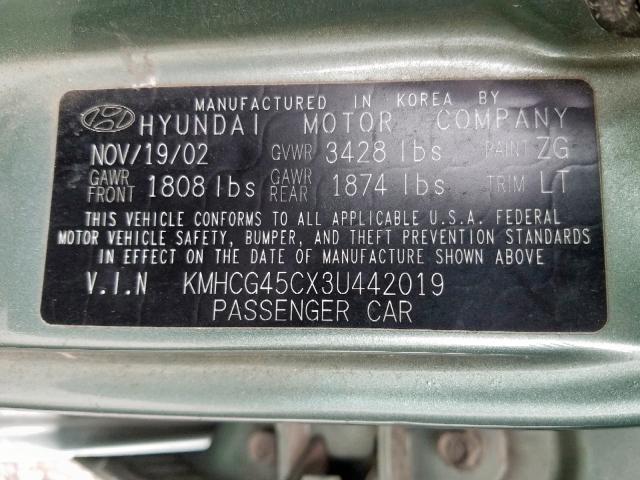 KMHCG45CX3U442019 - 2003 HYUNDAI ACCENT GL GREEN photo 10