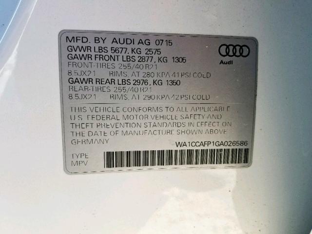 WA1CCAFP1GA026586 - 2016 AUDI SQ5 PREMIU WHITE photo 10