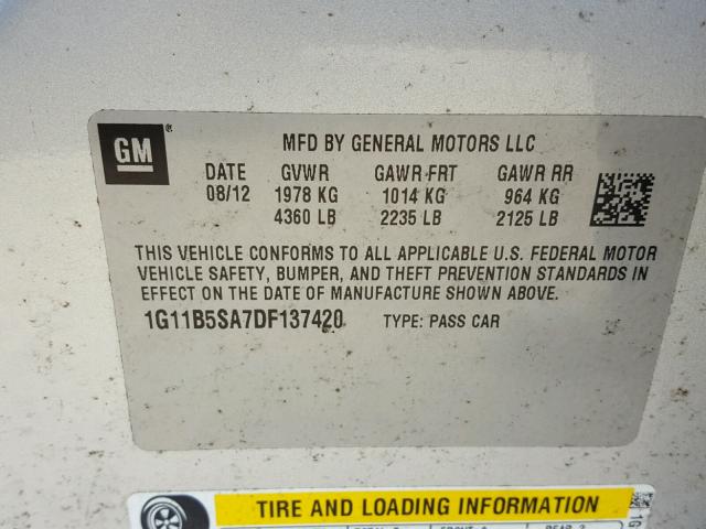 1G11B5SA7DF137420 - 2013 CHEVROLET MALIBU LS 银色 照片 10