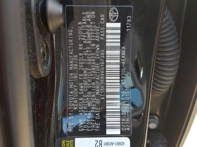 4T1BK36BX6U167380 - 2006 TOYOTA AVALON XL BLACK photo 10